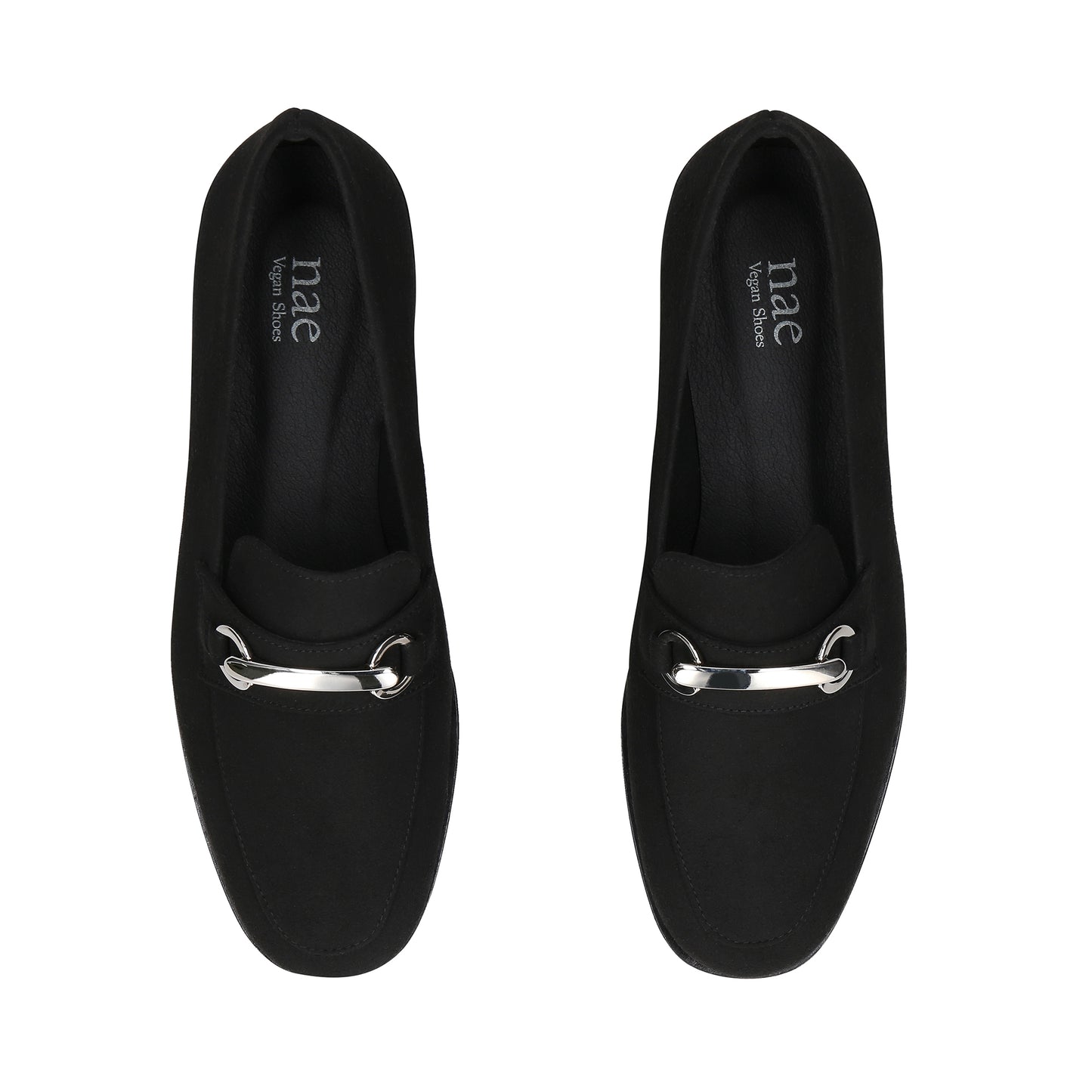 Black loafers with silver accents on a white background