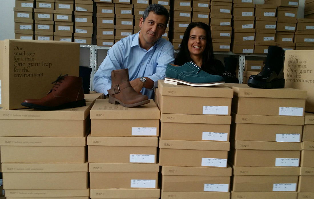 NAE Vegan Shoes founders Paula and Alex celebrating 18 years of ethical footwear with vegan shoe collection