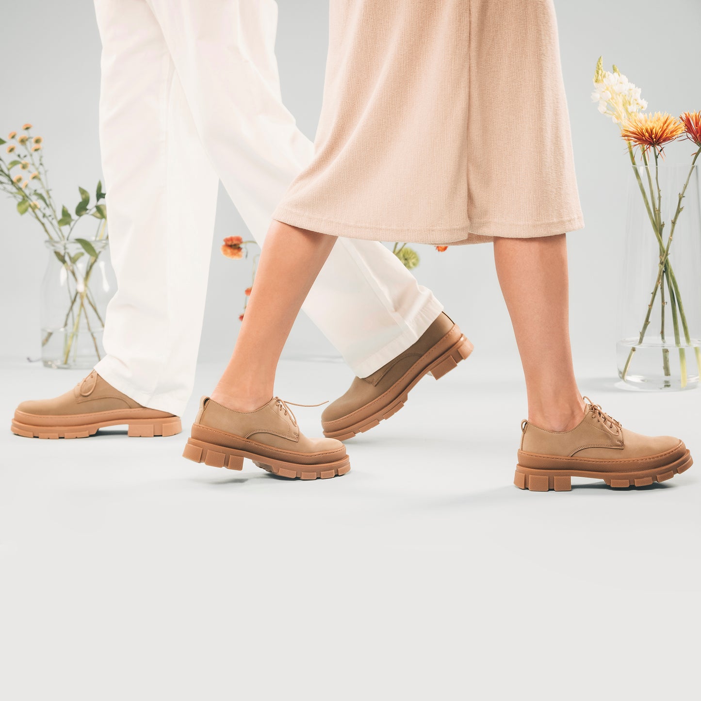 Flat beige shoes wearing pants and skirt | NAE Vegan