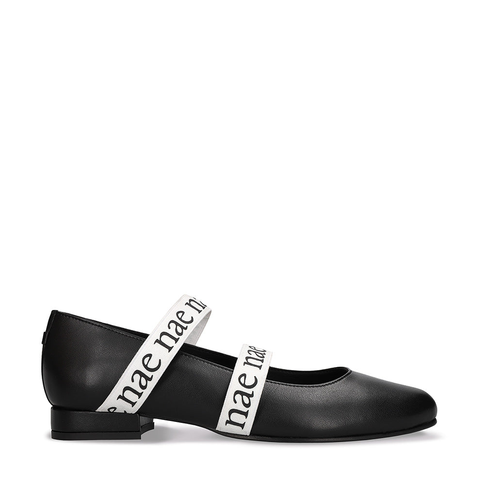 Women Ballerina flats in black apple leather showing logo printed on straps | NAE Vegan Shoes