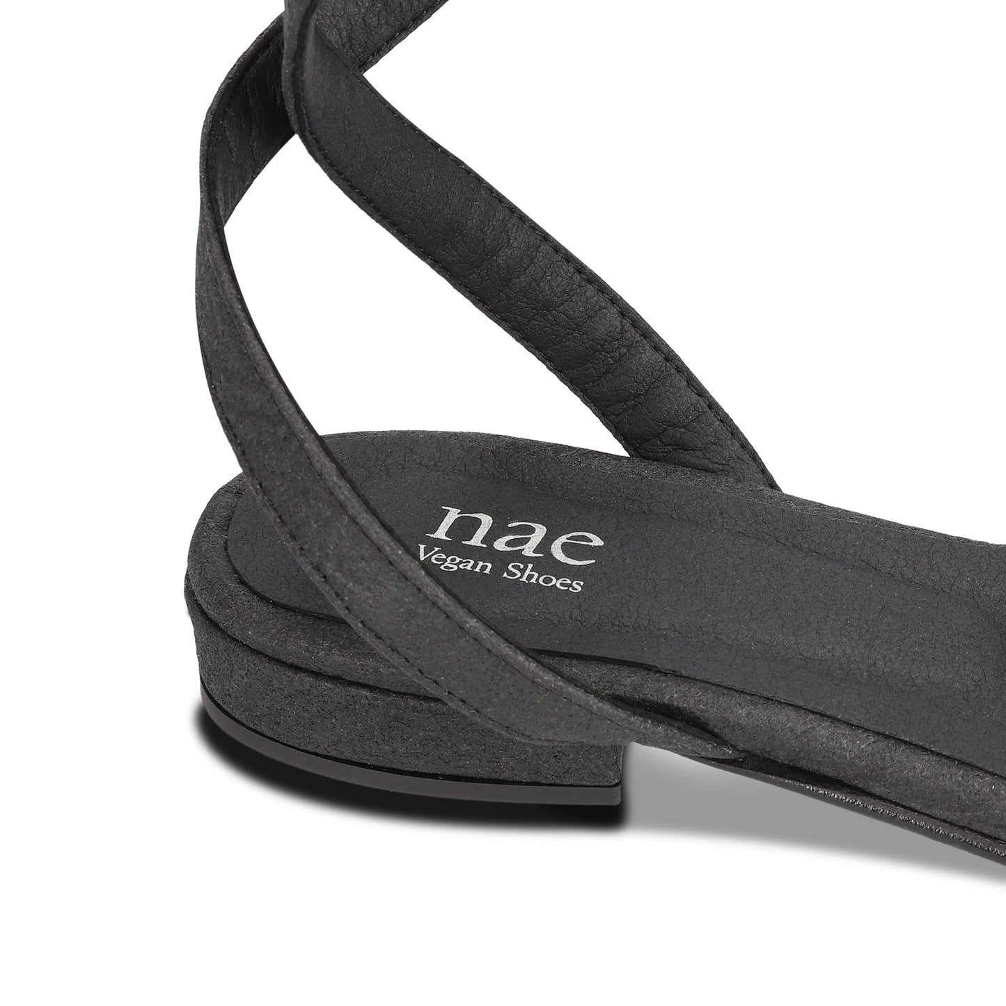 close view flat heel sandals logo printed on the insole | NAE Vegan Shoes