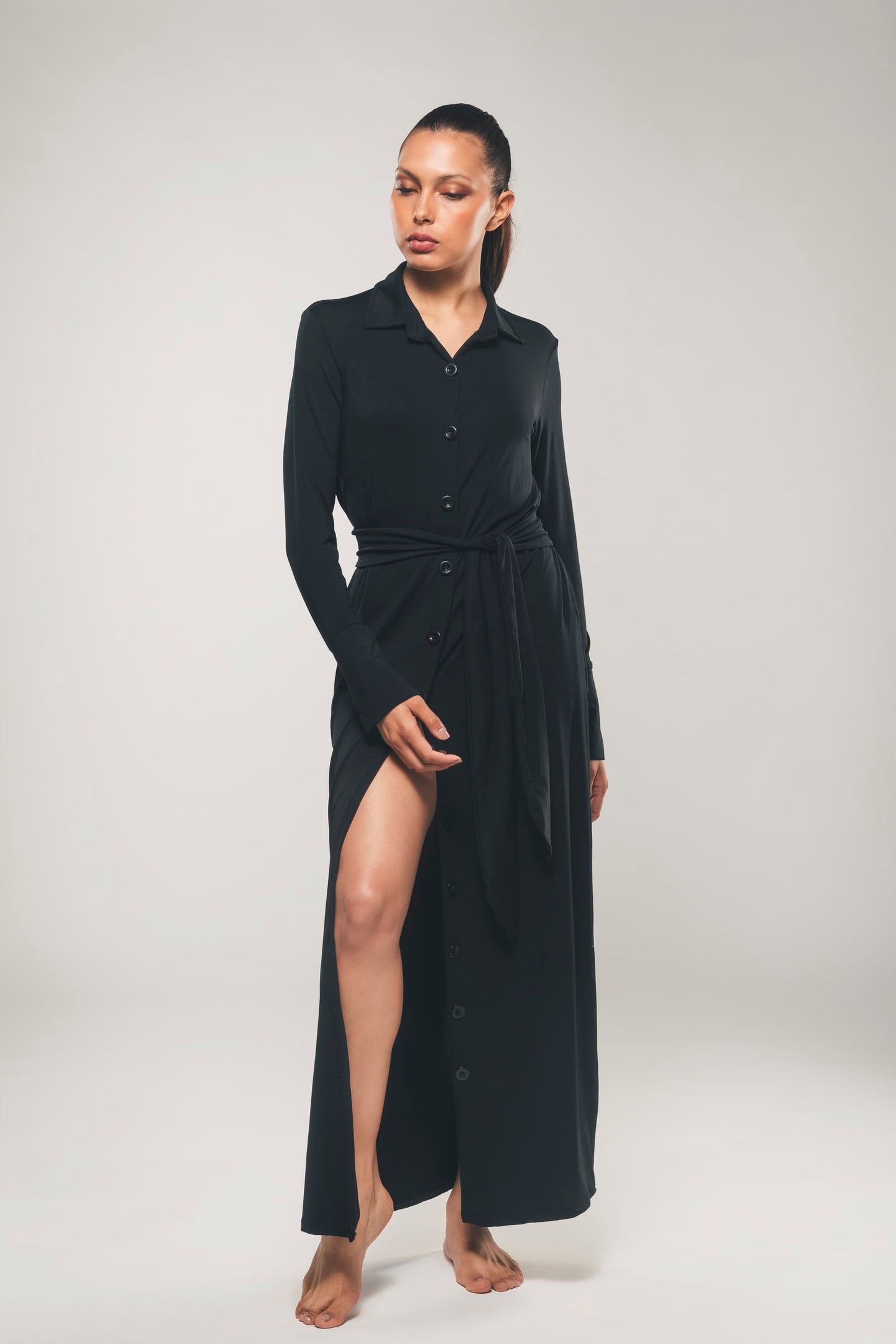 Abito Camicia Maxi a Maniche Lunghe Nero - Beatrice