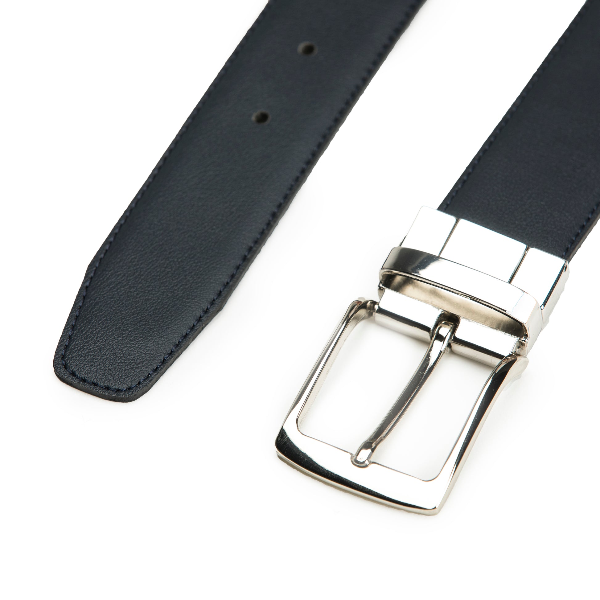 the buckle and tapered tip of a vegan belt made with sustainable microfibers | NAE Vegan Shoes