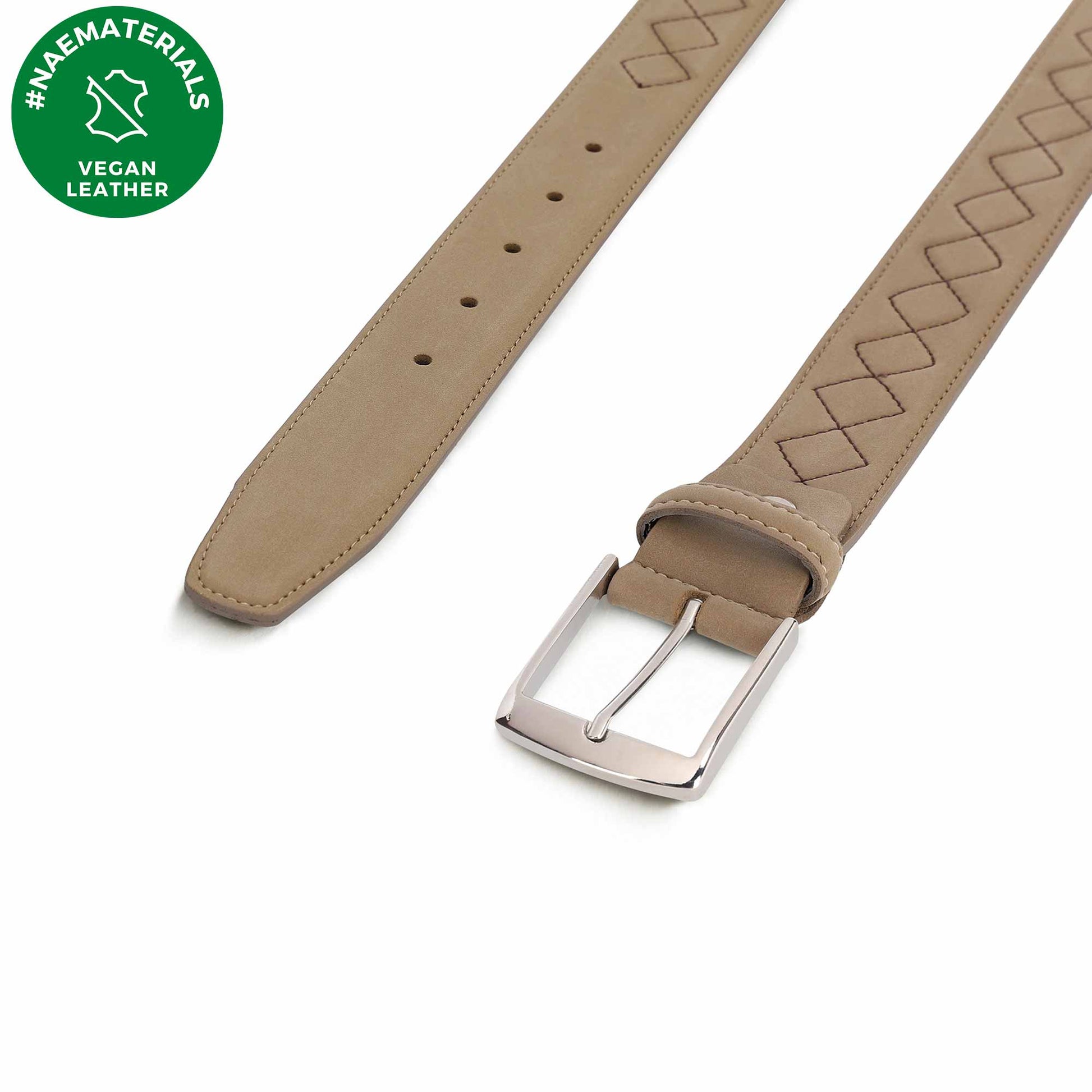 belt with tapered tip and buckle with the material label | NAE Vegan Shoes