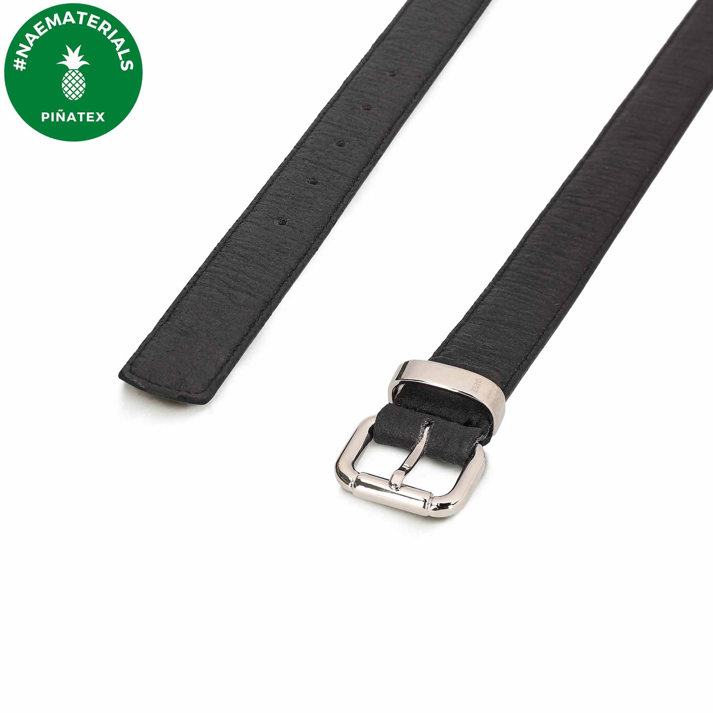 Buckle and belt strap with NAE Materials label Piñatex