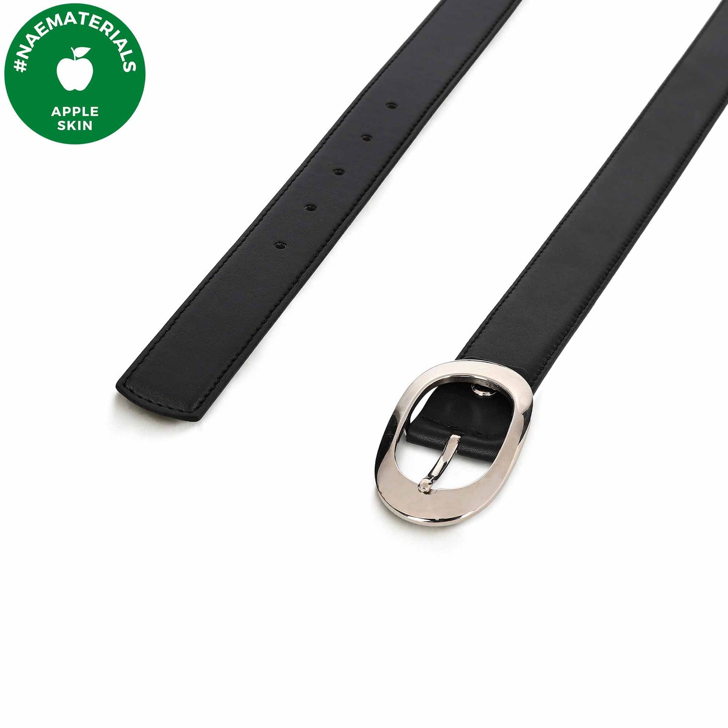 oval buckle and black strap of the belt with apple skin label | NAE Store