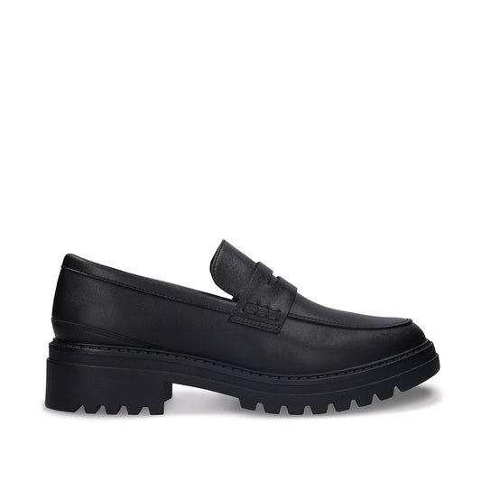 BRENDA Black vegan penny loafer top view — women’s vegan loafer in all-black with classic penny strap detail, NAE Vegan Shoes