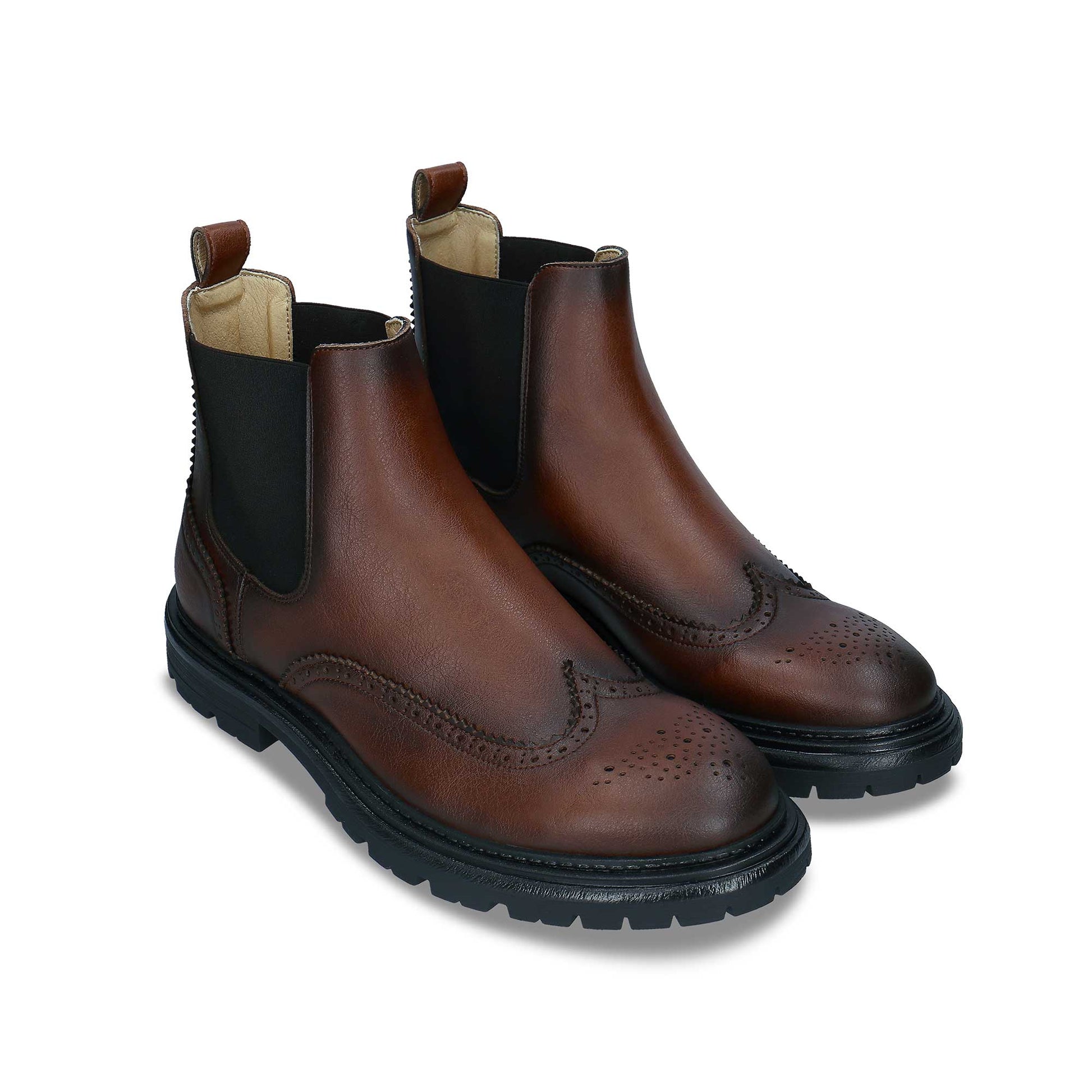 Chelsea-Boots Herren Brogue vegane Leder braune Stiefel Knöchel Flügelspitze | NAE