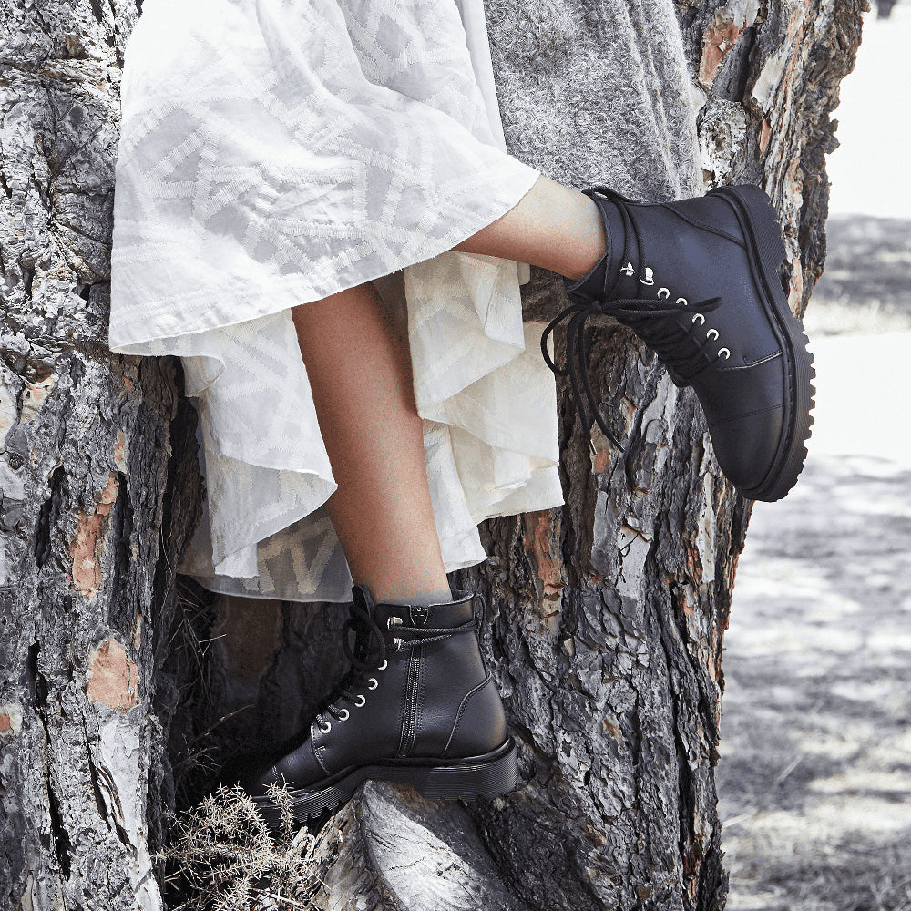 Vegan biker black boots for women lifestyle with white dress | NAE Vegan Shoes