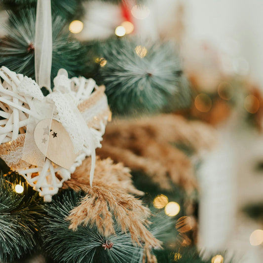 NAE Vegan Shoes Christmas Gift Card - white ornament on pine branches