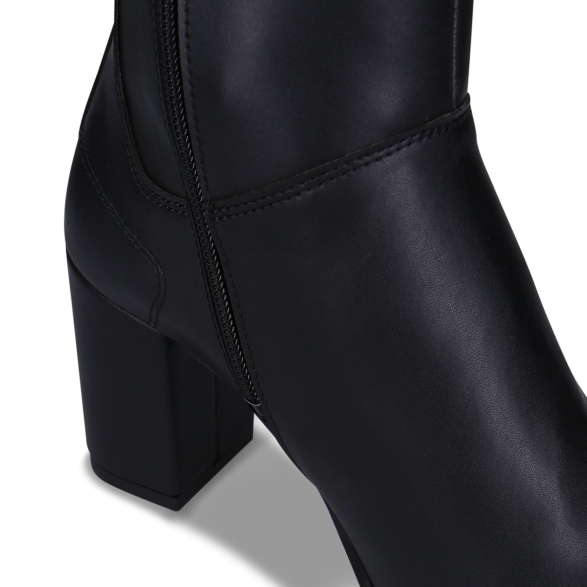 close view of vegan black boots heels with zip | NAE Store