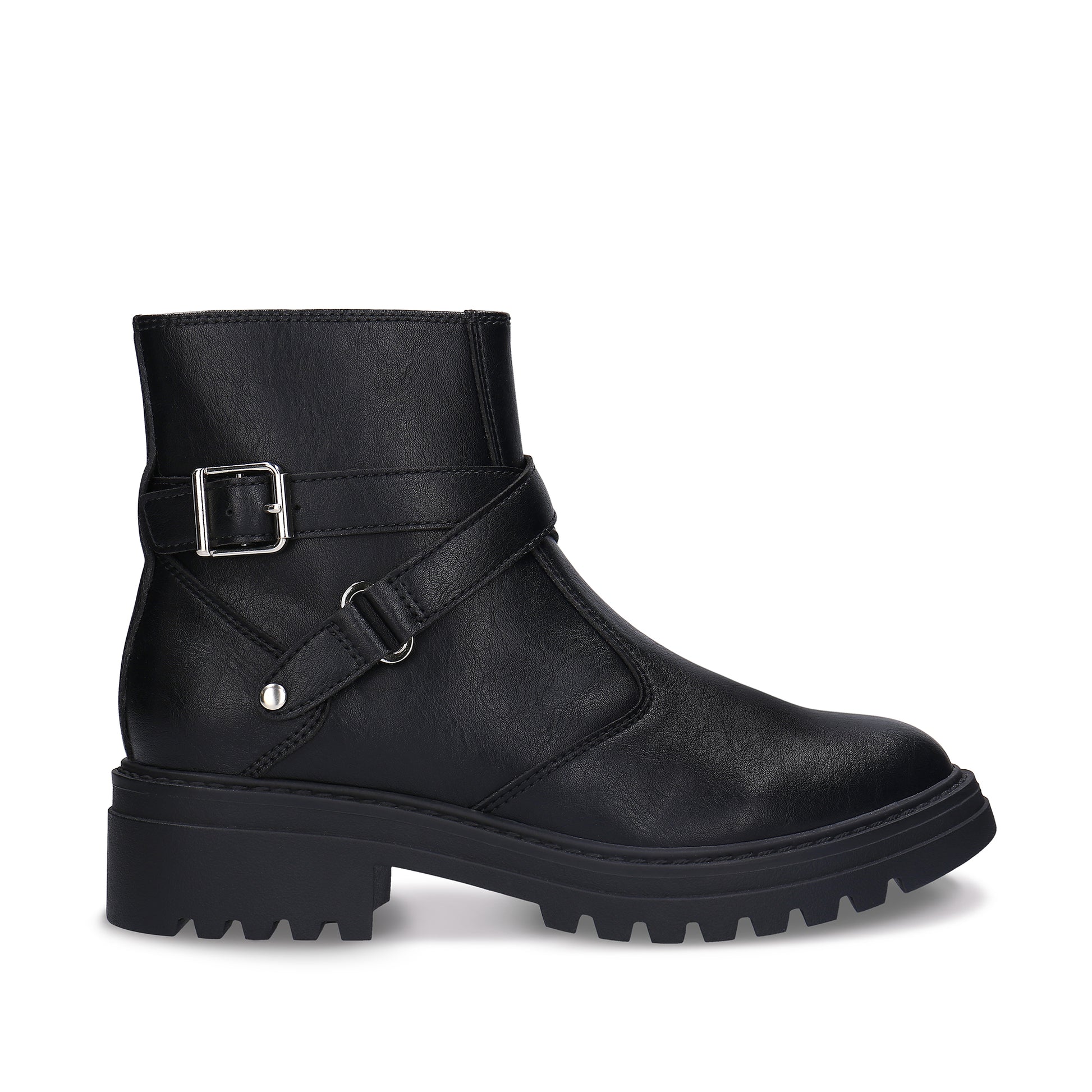 CODY Black vegan ankle boot side view — women’s vegan moto boot in all-black with inner zip and chunky lug sole, NAE Vegan Shoes