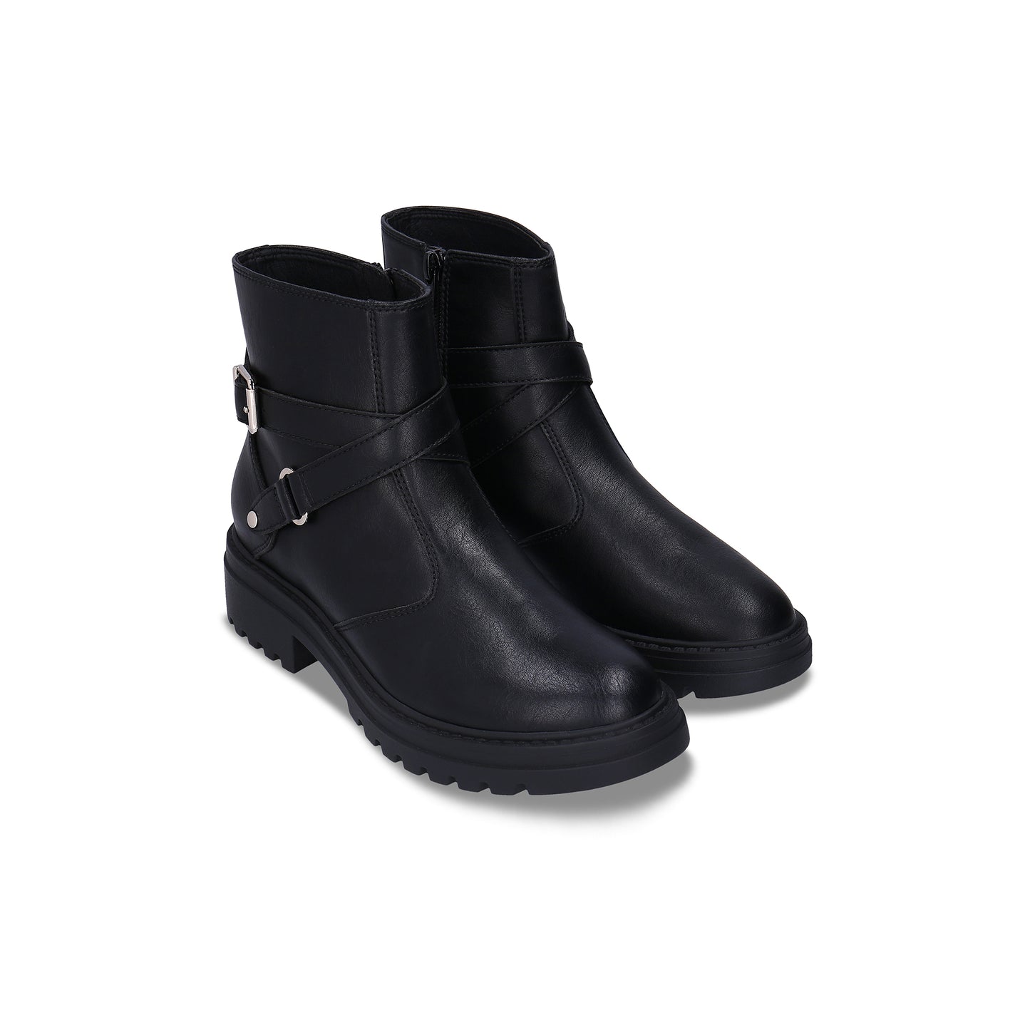 CODY Black vegan ankle boot front view — women’s all-black vegan moto boot with round toe and lug sole, NAE Vegan Shoes