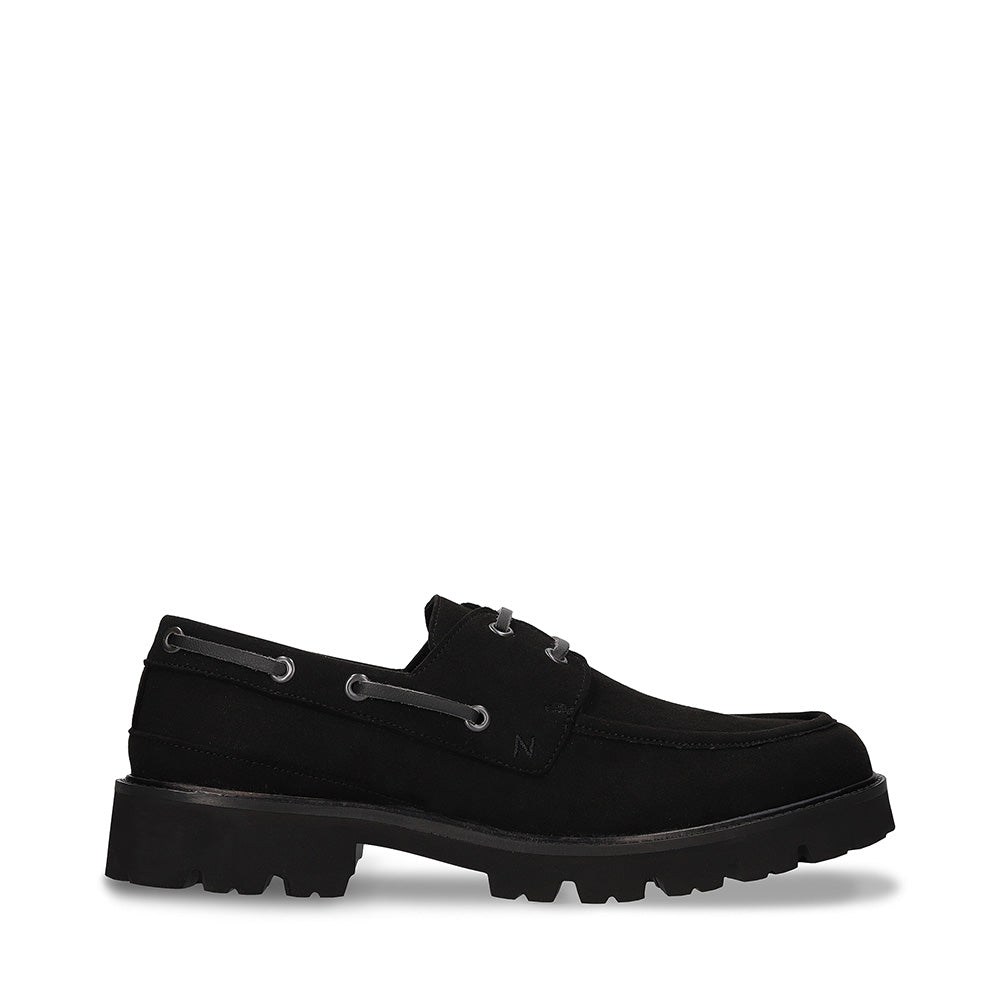 Men vegan boat shoes on black Microsuede sustainable with ridged rubber sole | NAE Shop