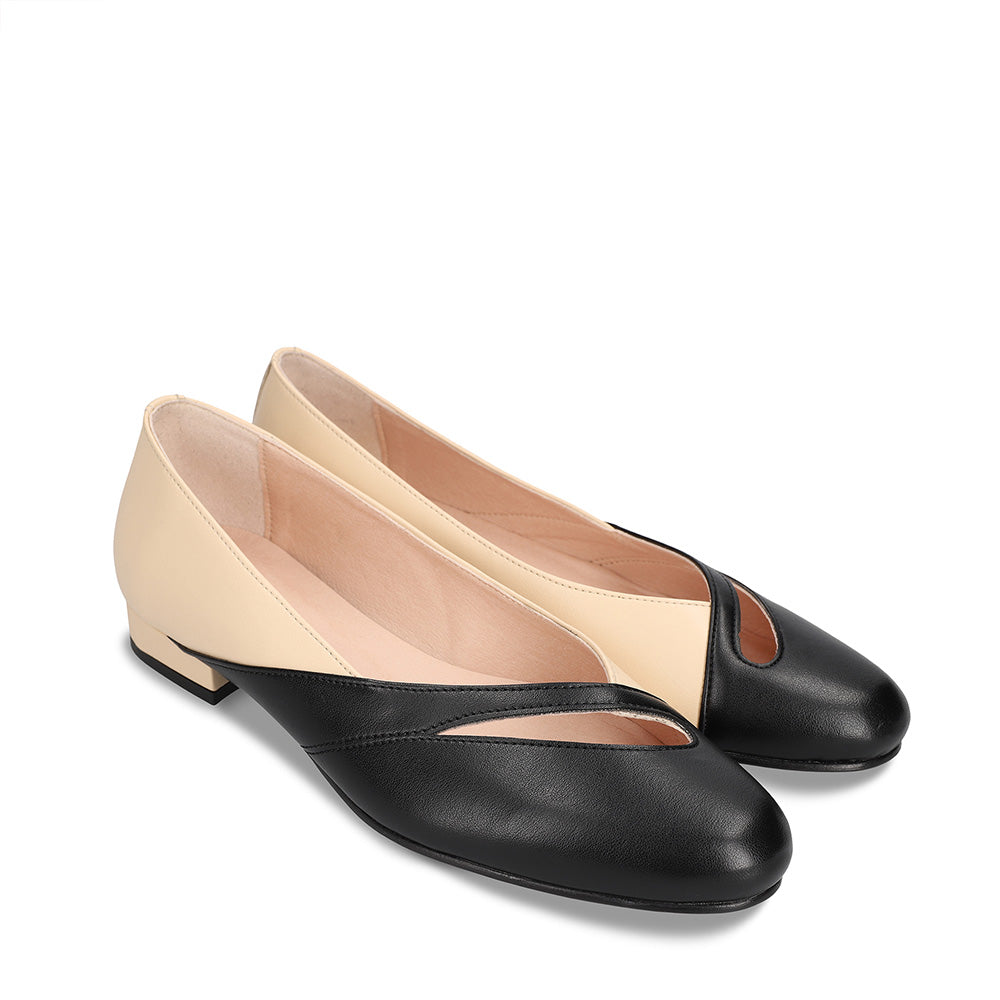 Chaussures véganes femme plates ballet bicolore classique noir beige Apple Skin | NAE