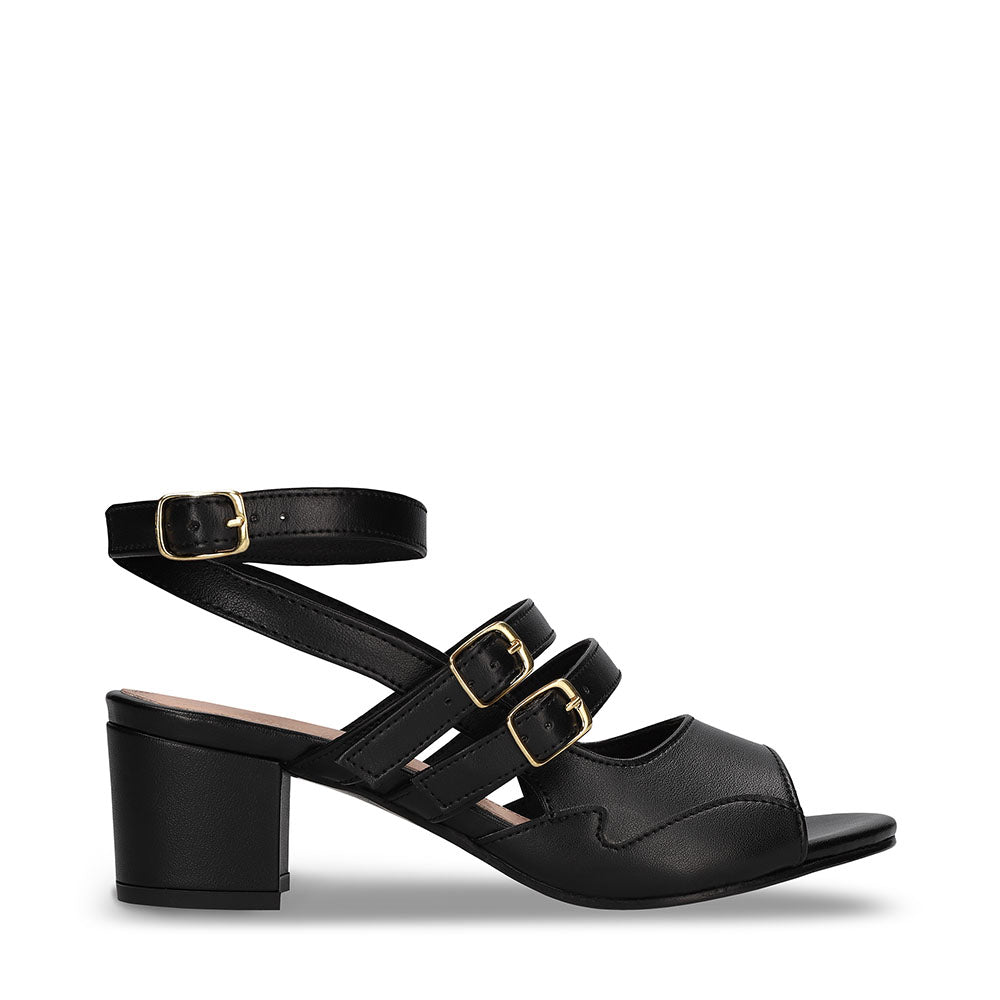 Women vegan peep toe sandals on black apple skin with ankle straps adjustable buckle | NAE