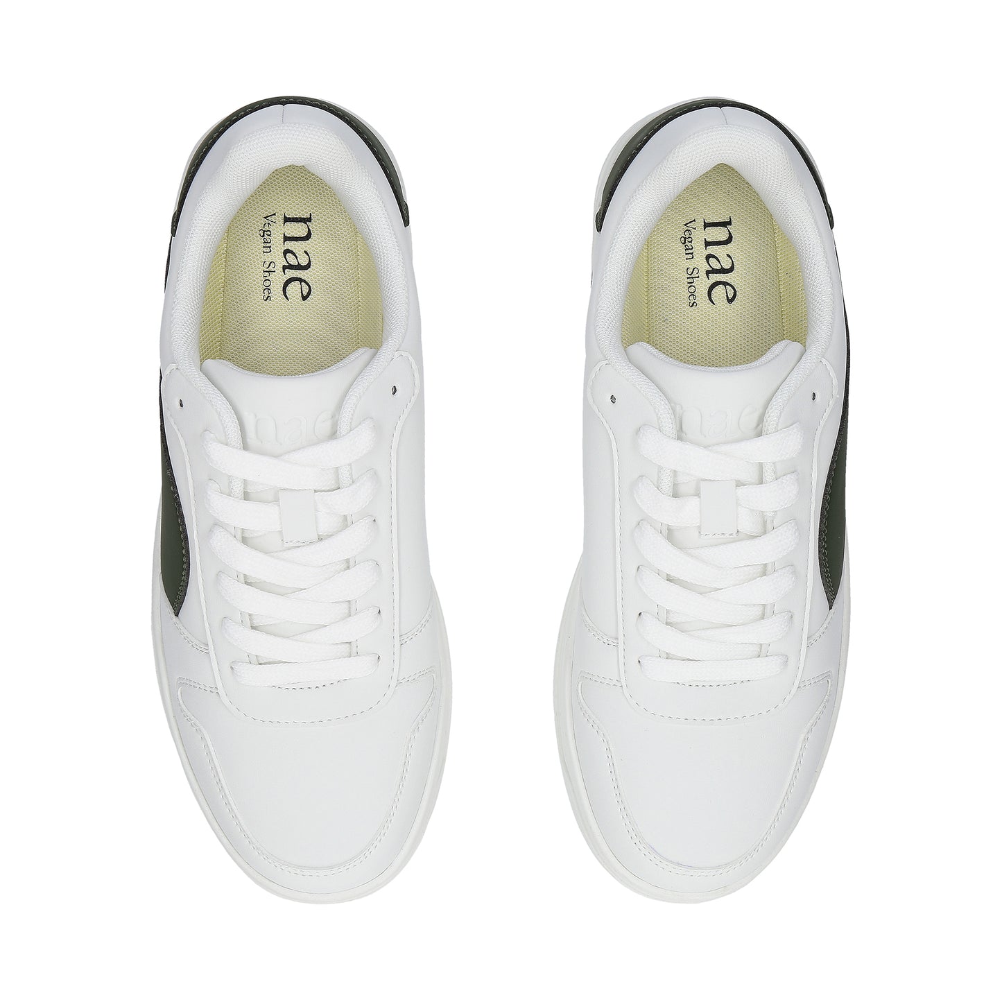 DOKA Green vegan sneaker top view — white vegan microfibre upper with green panel detail, NAE Vegan Shoes