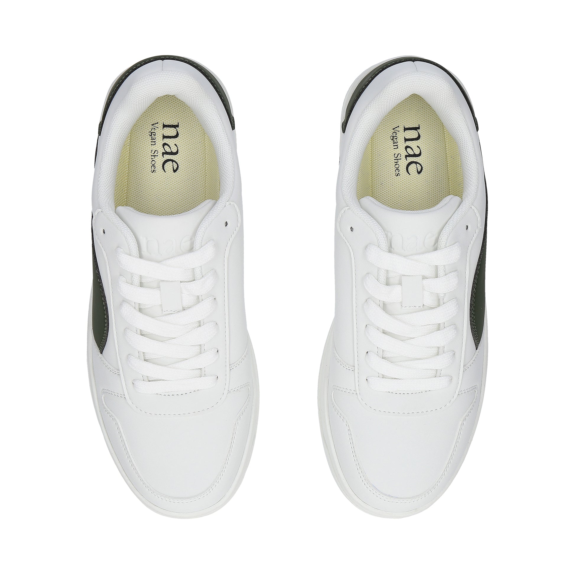DOKA Green vegan sneaker top view — white vegan microfibre upper with green panel detail, NAE Vegan Shoes