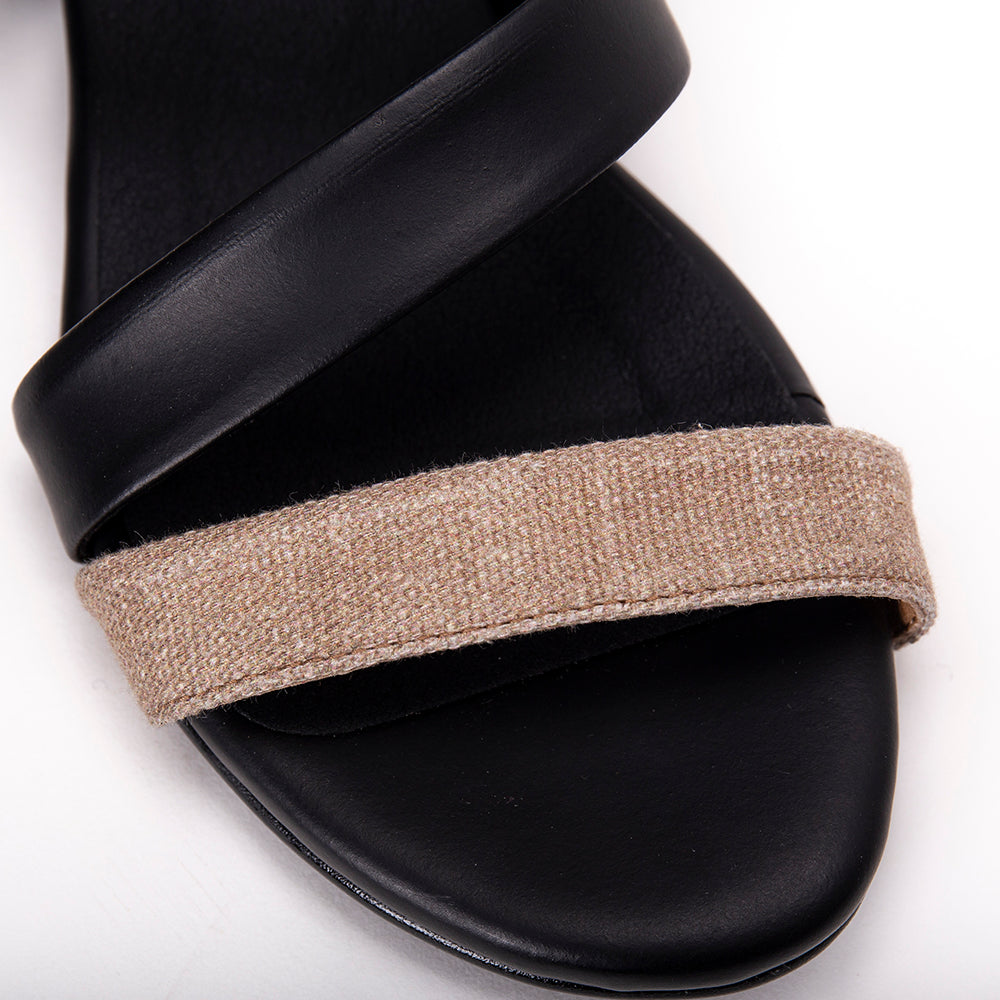 sandals with straps on black apple leather and beige organic cotton | NAE Footwear