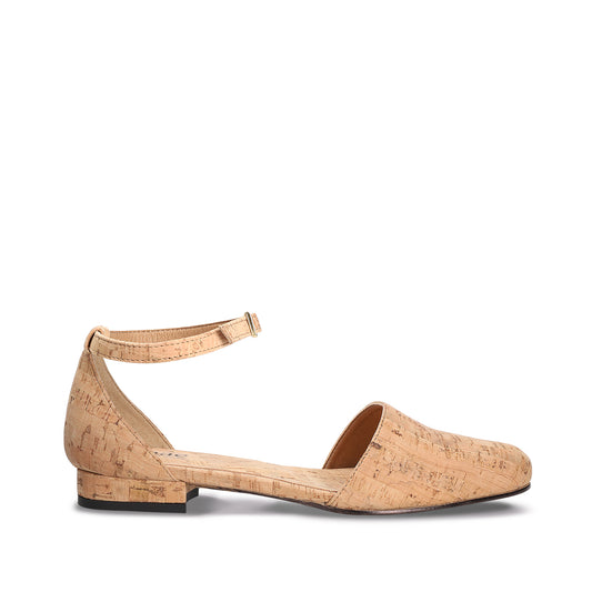 Women vegan ballerina with flat heel ankle strap buckle open side made on natural cork | NAE