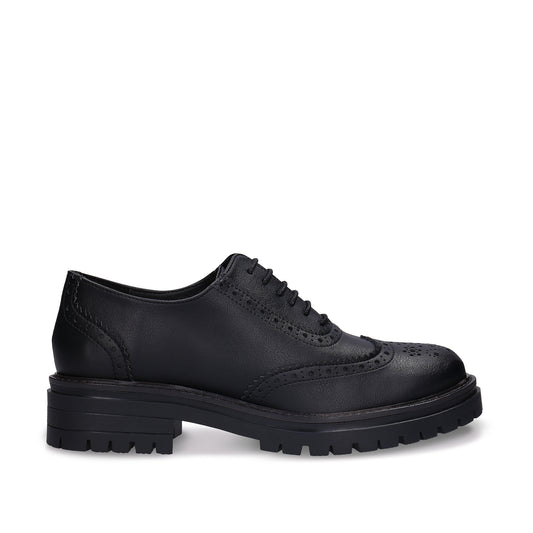 GRACE Black vegan wingtip brogue Oxford pair — women’s vegan dress shoe in all-black with lug sole, made in Portugal