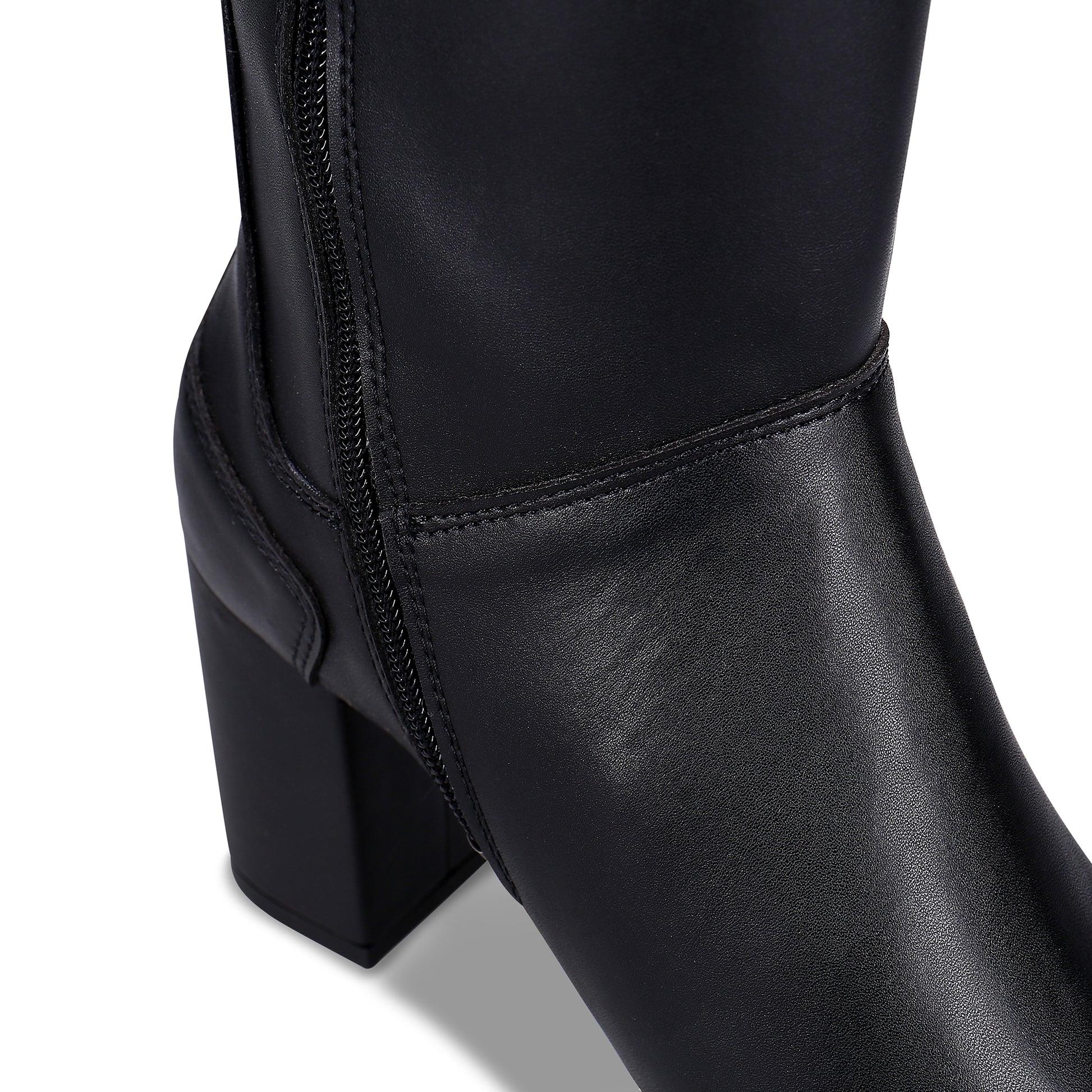 close view of heeled black boots with zipper | NAE Vegan Shoes