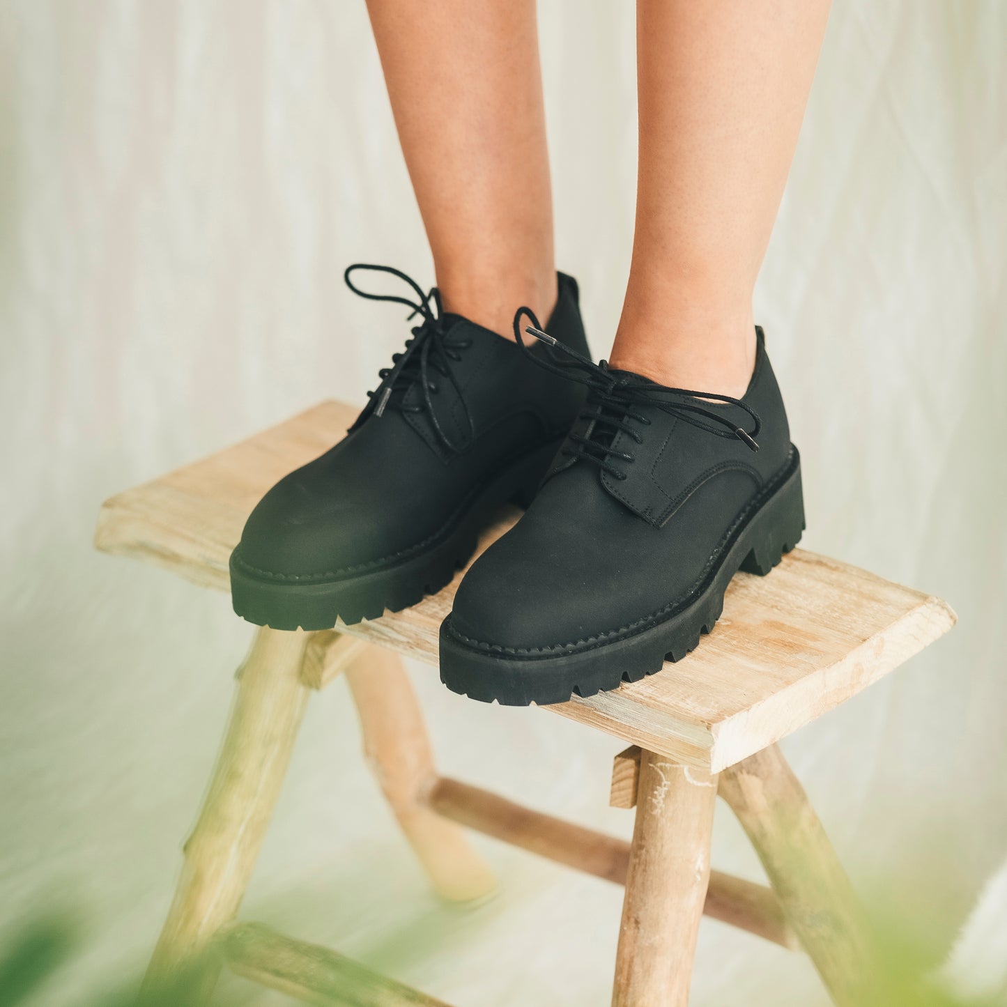 top view of a pair of vegan derby shoes in lifestyle context | NAE Vegan Shoes