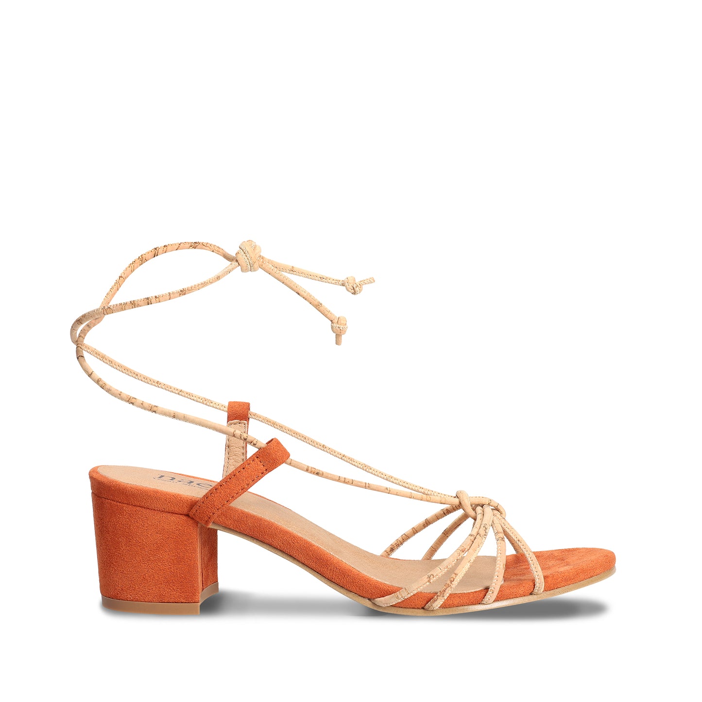 Women sandals heels with ankle tie crafted from natural cork and orange microsuede | NAE