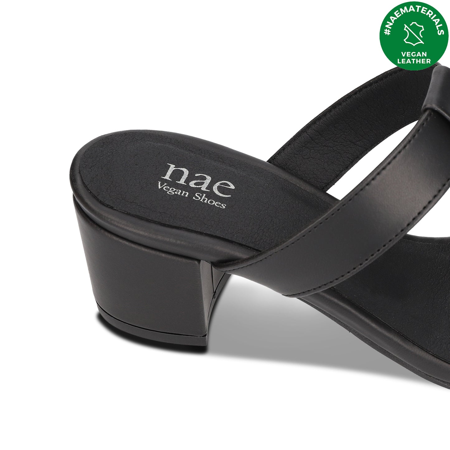 Women black sandals heels with logo printed on the footbed crafted from vegan leather | NAE