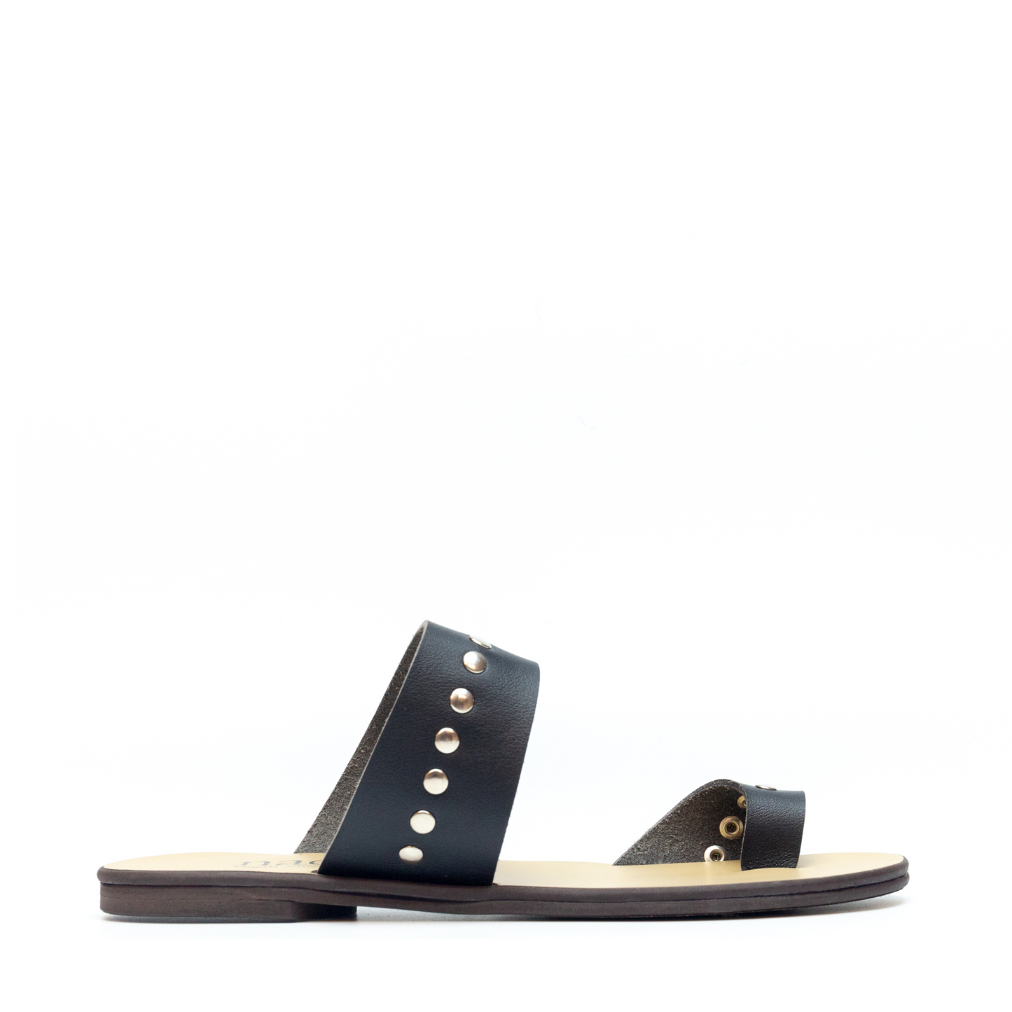 Vegan Flat Sandal Backless Slide-on Open Toe Ring Black Breathable Silver Rivet | NAE