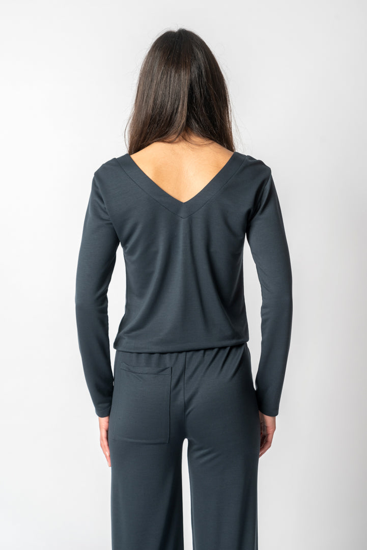 Sweatshirt em TENCEL™ Lyocell Azul com Decote em V - Lenora