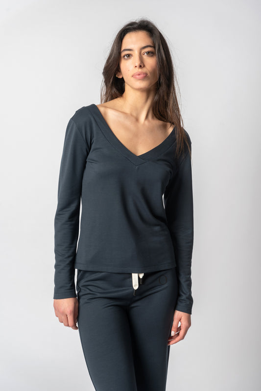 Sweatshirt en TENCEL™ Lyocell à Col V Bleu - Lenora