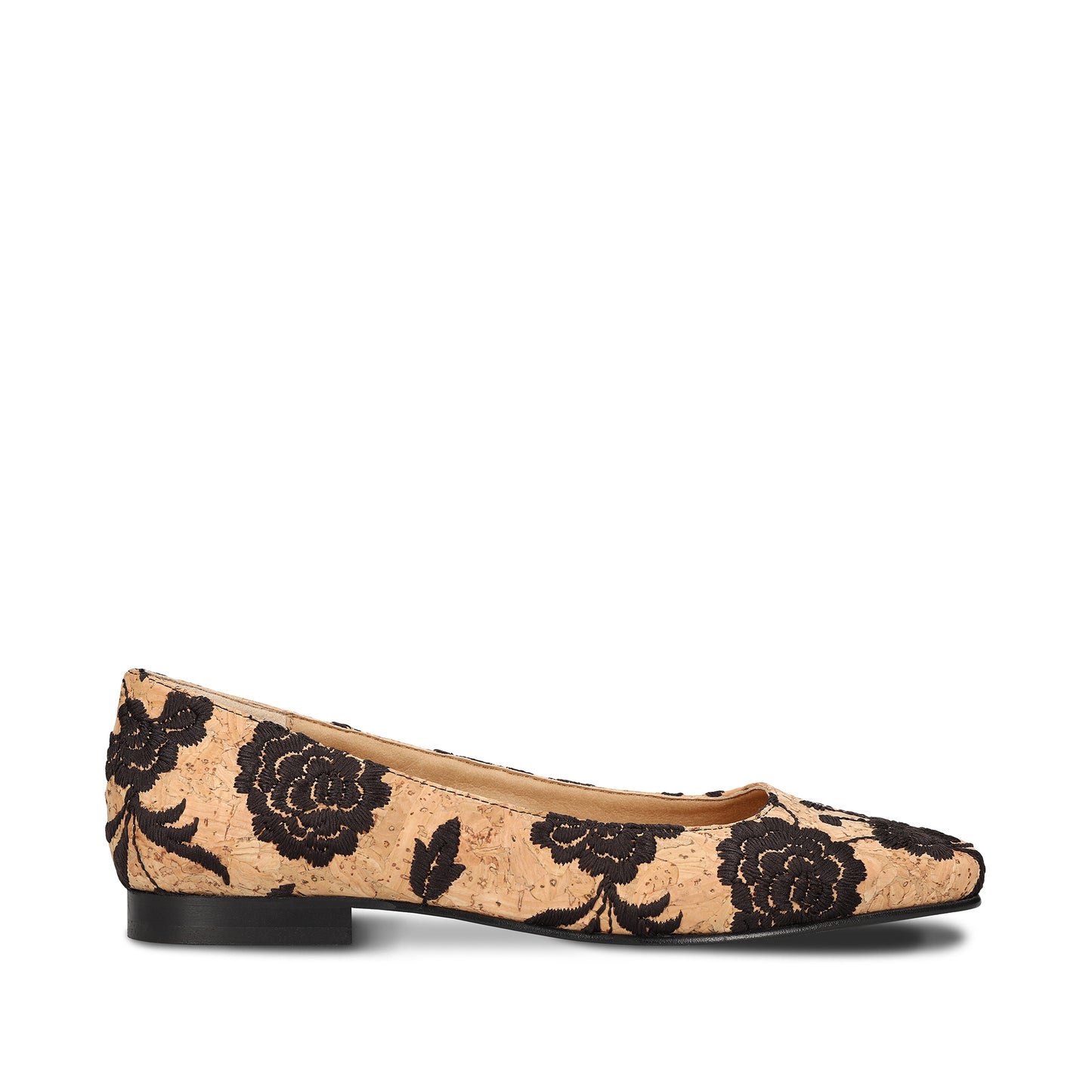 Vegan ballerina flat crafted from embroidered cork square toe breathable lined | NAE