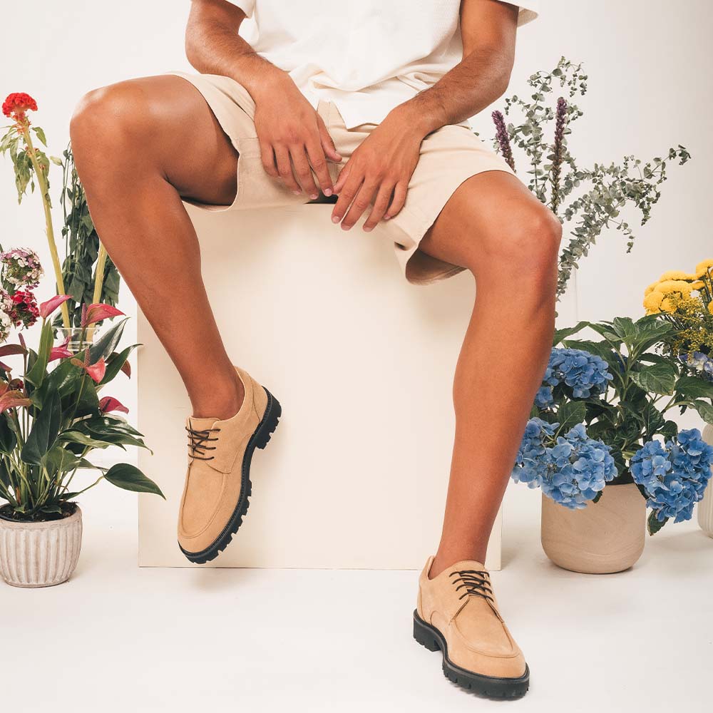 wearing summer shorts with derby beige shoes from casual NAE Vegan Shoes Fashion