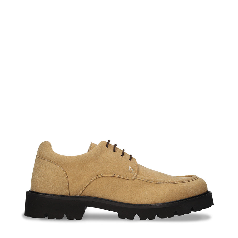 Men vegan derby shoes on beige Microsuede casual minimalist ridged rubber sole | NAE