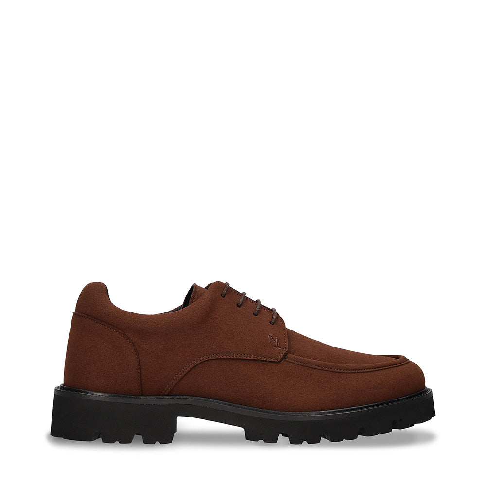 Men brown vegan derby shoes on Microsuede casual minimalist ridged rubber sole | NAE