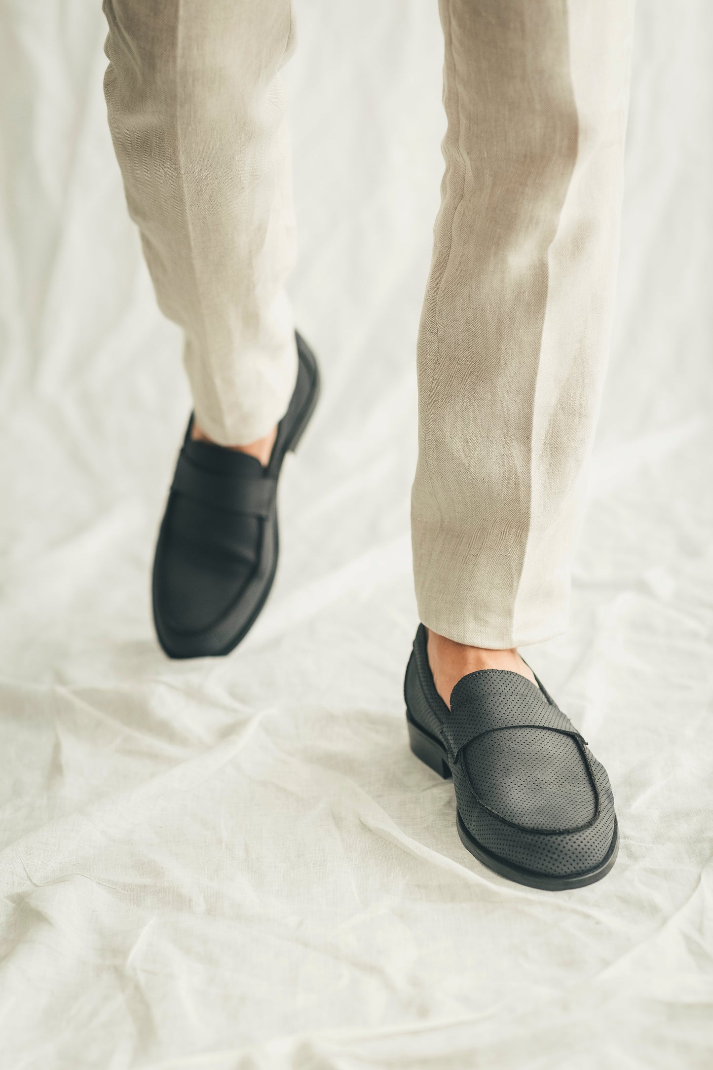 men vegan grey loafers lifestyle view wearing casual pants | NAE Store