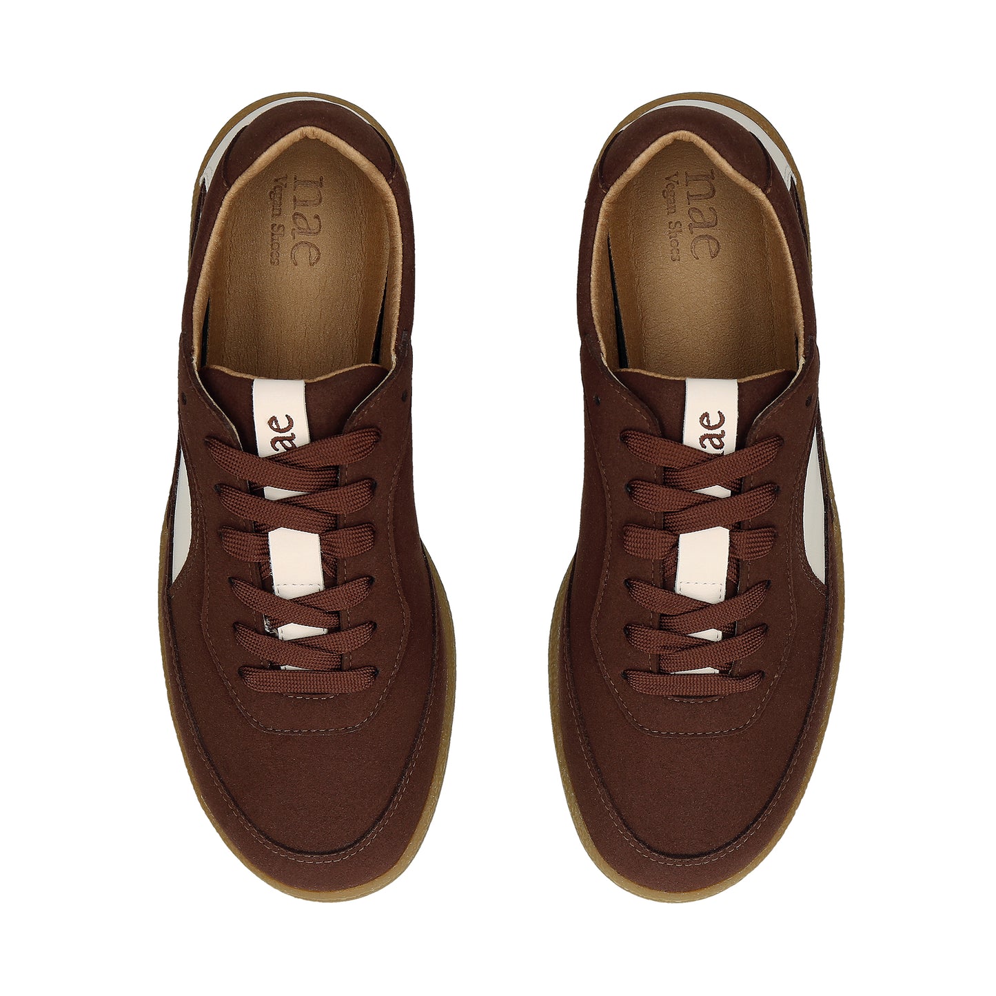 MACKAY Beige vegan sneaker side view — unisex retro silhouette with beige side panel and gum sole