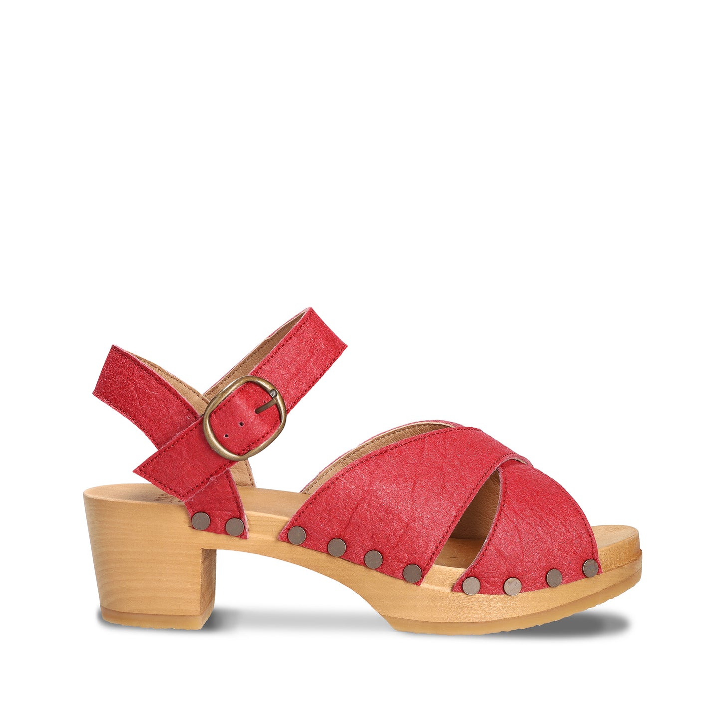 Women vegan sandals with heel ankle strap buckle backless crepe-like wood sole Piñatex | NAE