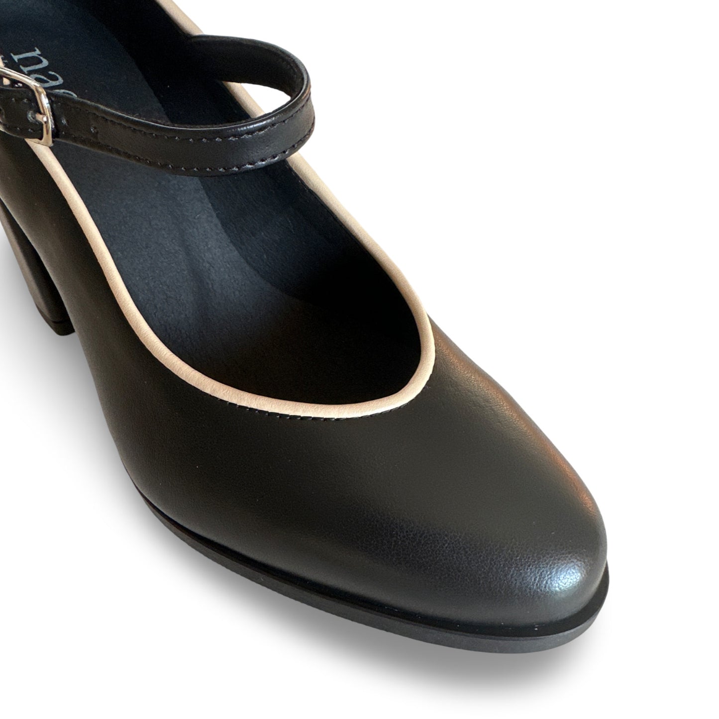 Chaussures talons noires femmes véganes Mary Jane bordure beige Apple Leather