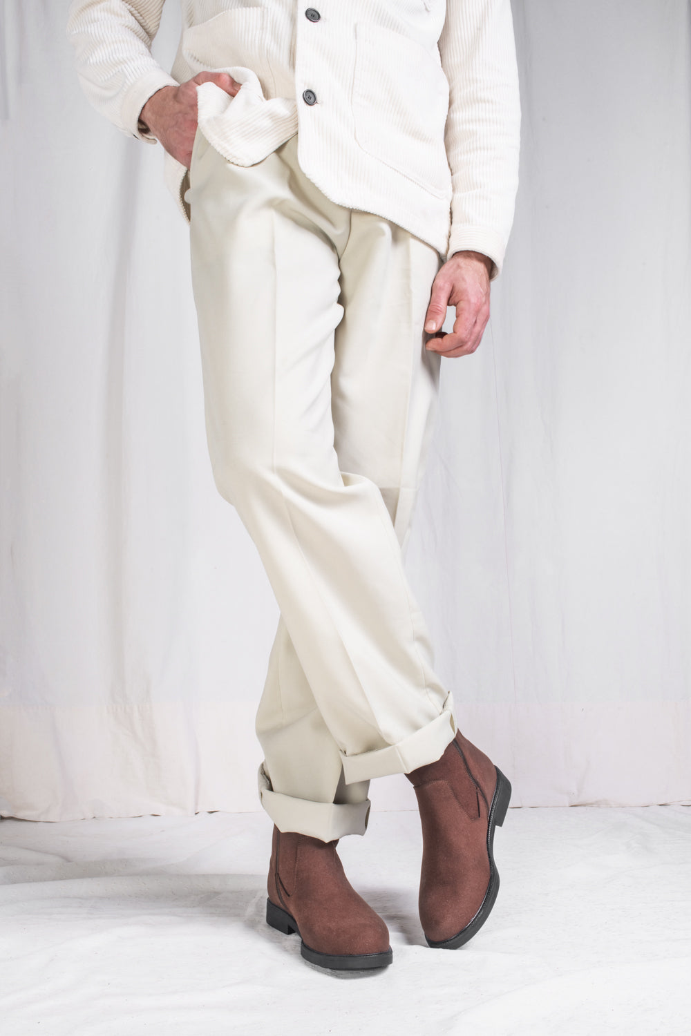 vegan brown boots wearing white pants | NAE vegan shoes