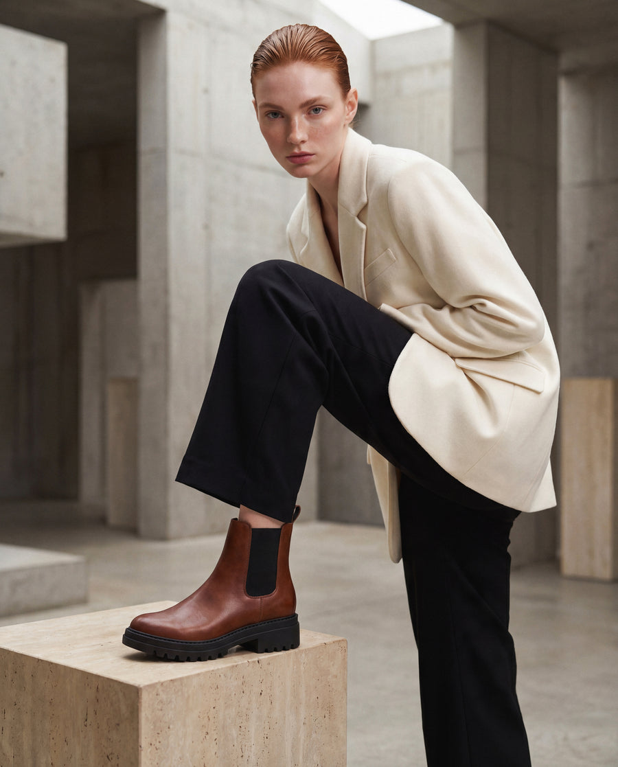EVIE Brown vegan Chelsea boot pair — women’s vegan ankle boot in cognac brown with lug sole and elastic side panels, NAE Vegan Shoes