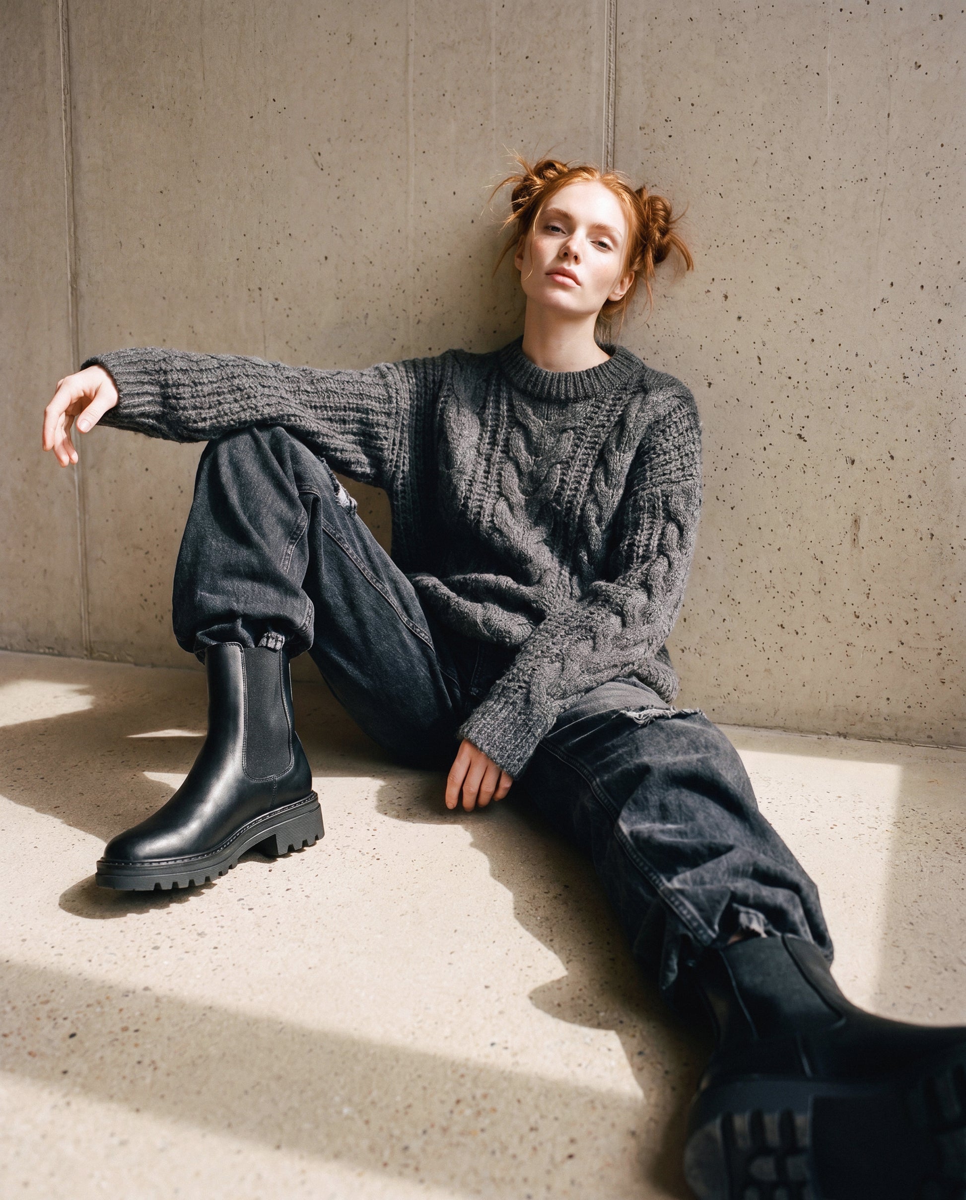 KIMBER Black vegan mid-calf Chelsea boot pair — women’s vegan boot in all-black with elongated shaft and chunky lug sole, NAE Vegan Shoes