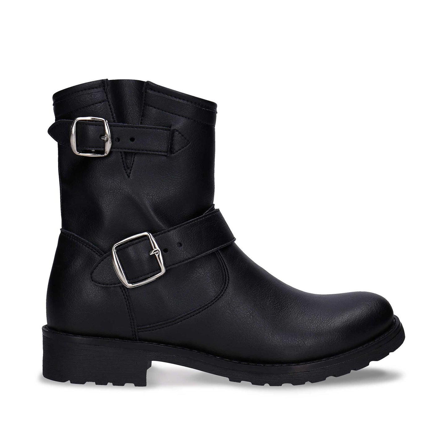 Women's biker boots ankle black vegan leather zipper buckle straps heel elastic | NAE