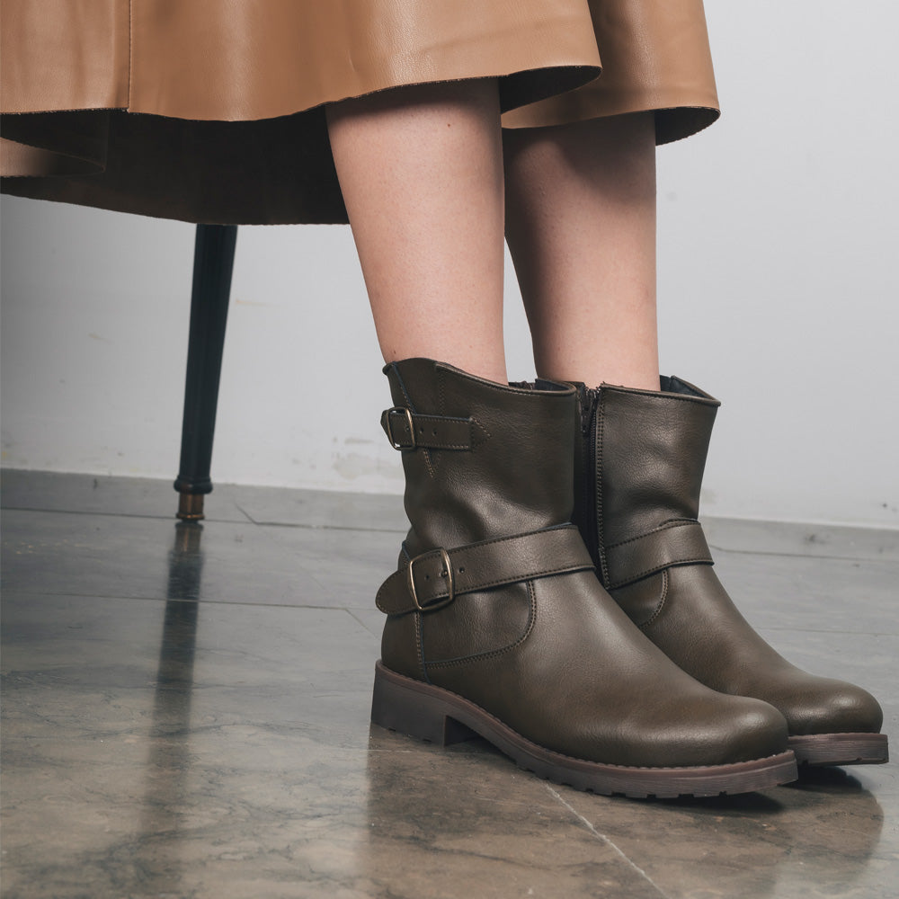 Women vegan ankle boots crafted from sustainable microfibers wearing skirt | NAE Vegan Shoes