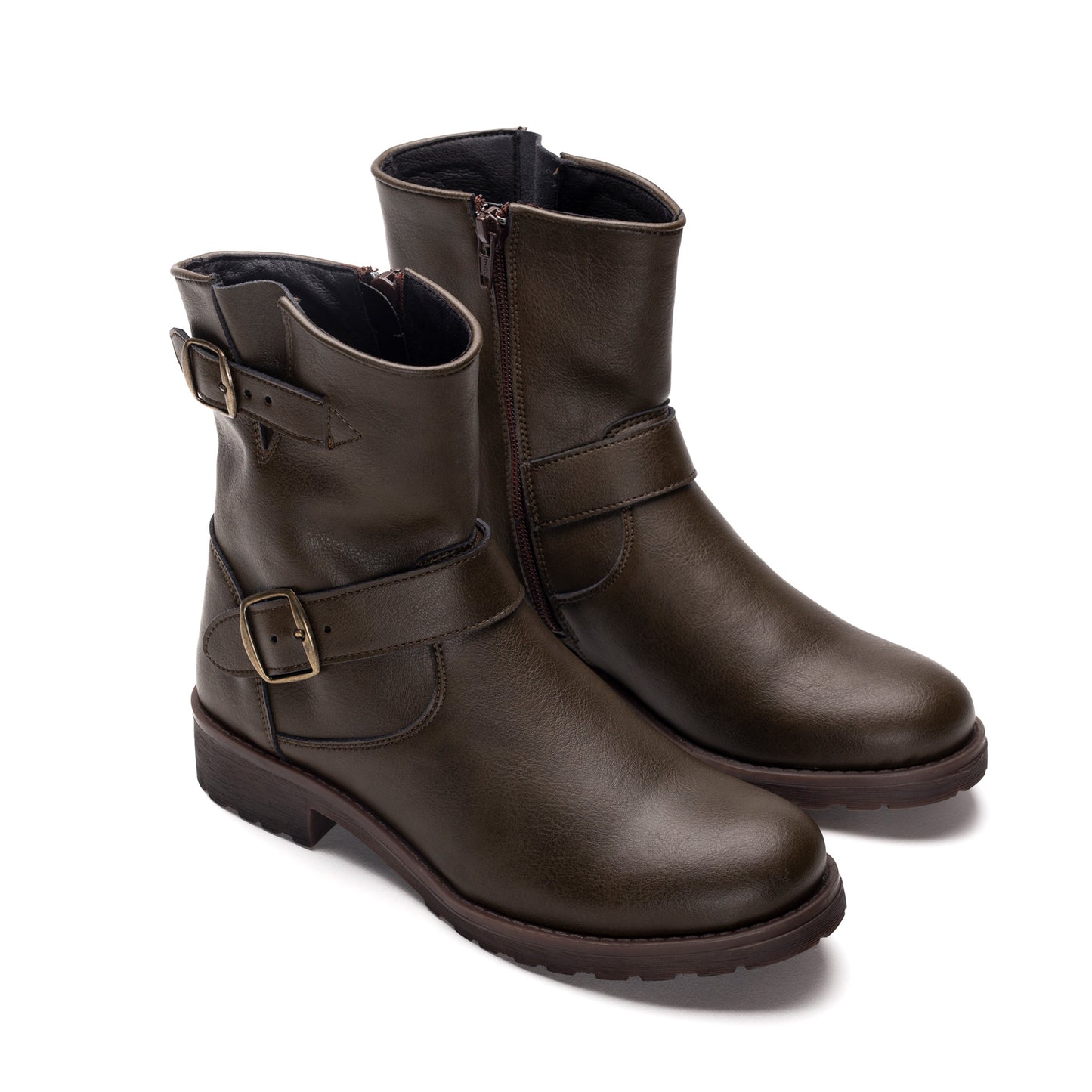 Stiefeletten Damen Biker Boot Grun vegane Leder mit Schnallen Riemen Reißverschluss | NAE