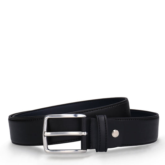  Black belt with a silver buckle on a white background.Nickel-free silver buckle belt