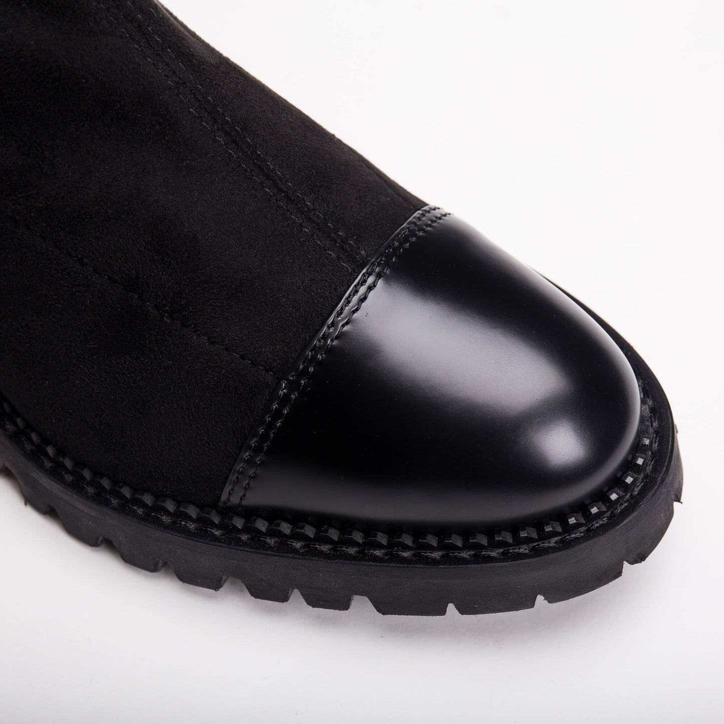 Round cap toe boot shiny welt stitched on black microfiber | NAE Vegan Shoes