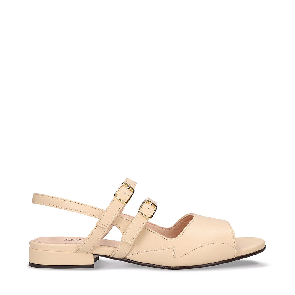 Women vegan flat sandals slingback beige apple skin with straps buckles open toe | NAE