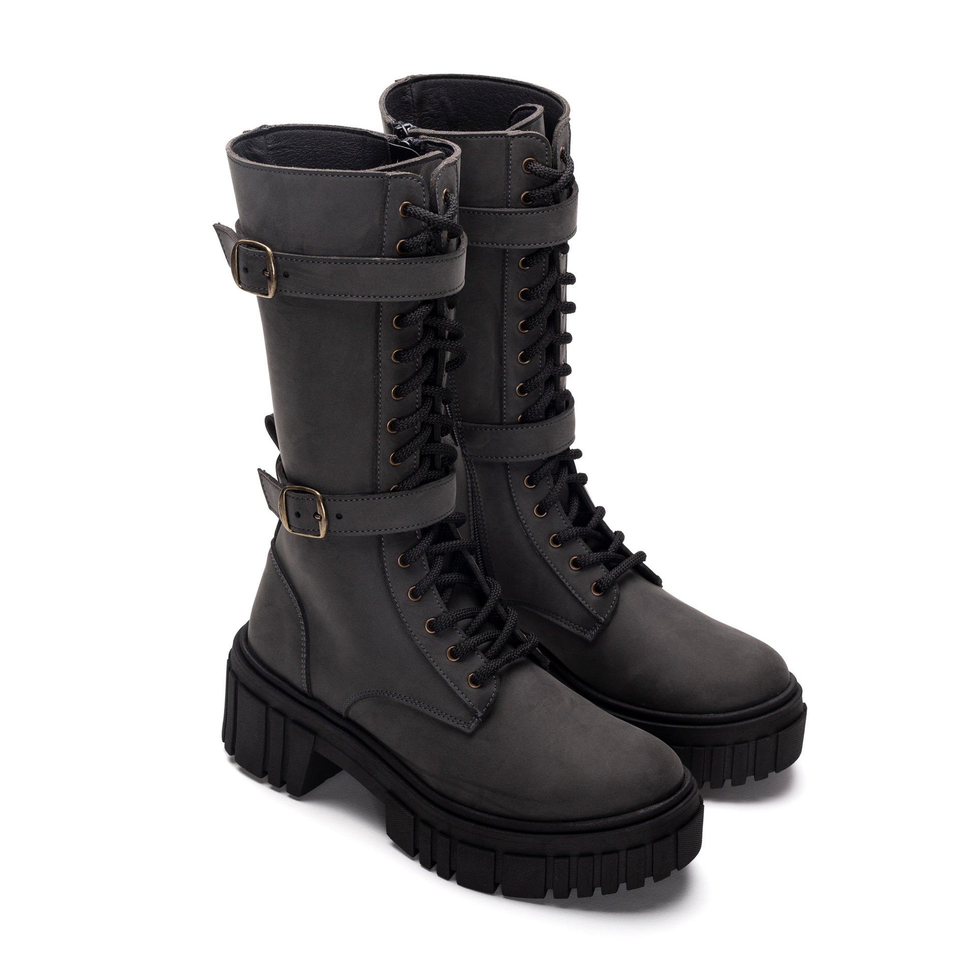 Vegane Biker Boot Damen Stiefel Wadenhoch Nubuk Schnallenriemen klobiger Sohle | NAE